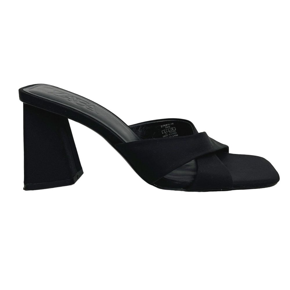 Zara 37 7 Womens Black Heeled Crossed Strap Sandal Slide